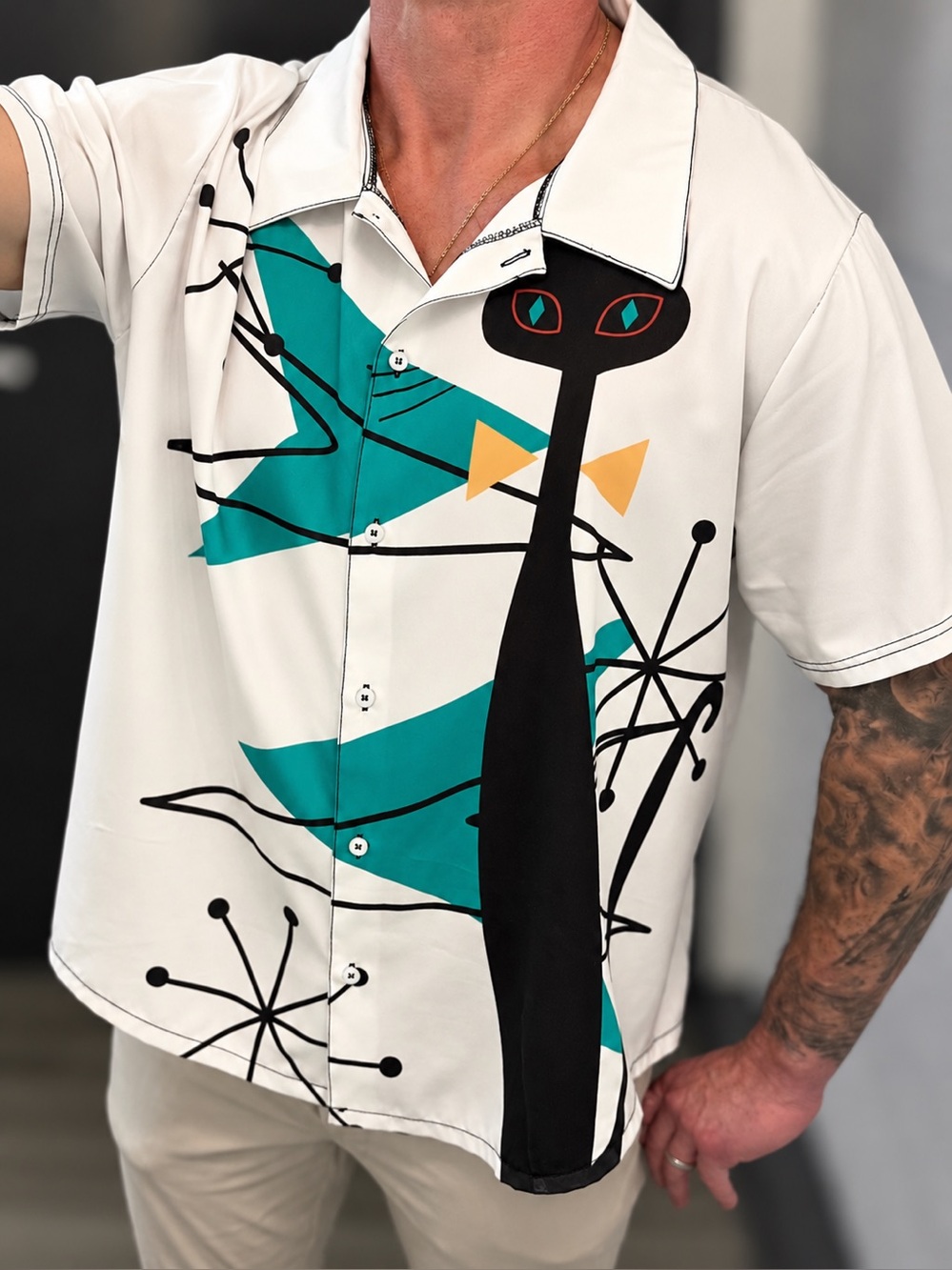 Atomic Cat Retro Button Up Shirt XL Mid Century Modern Camp Shirt